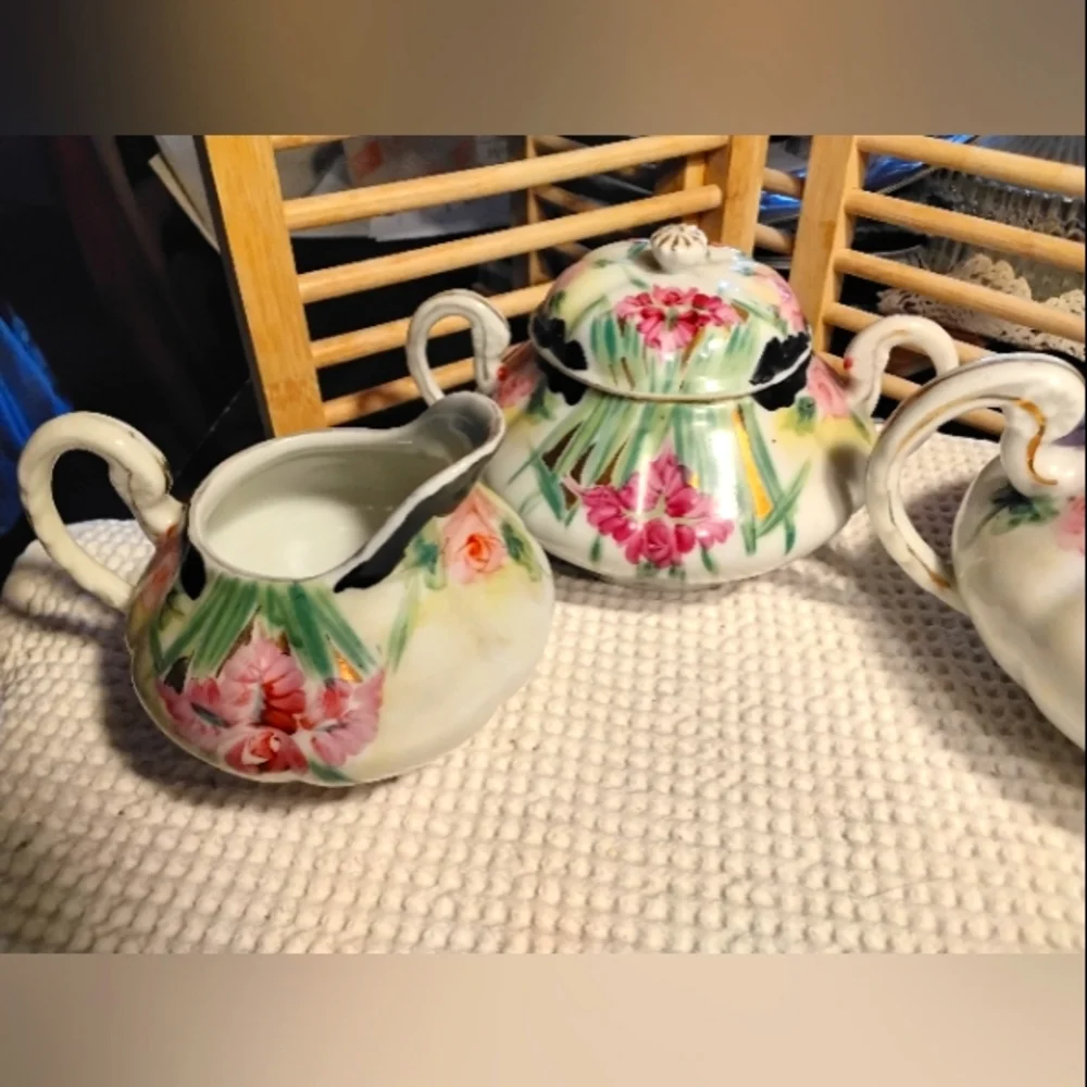 Antique Teapot/Cream & Sugar Dish Unmarked Early Twentieth Century Floral